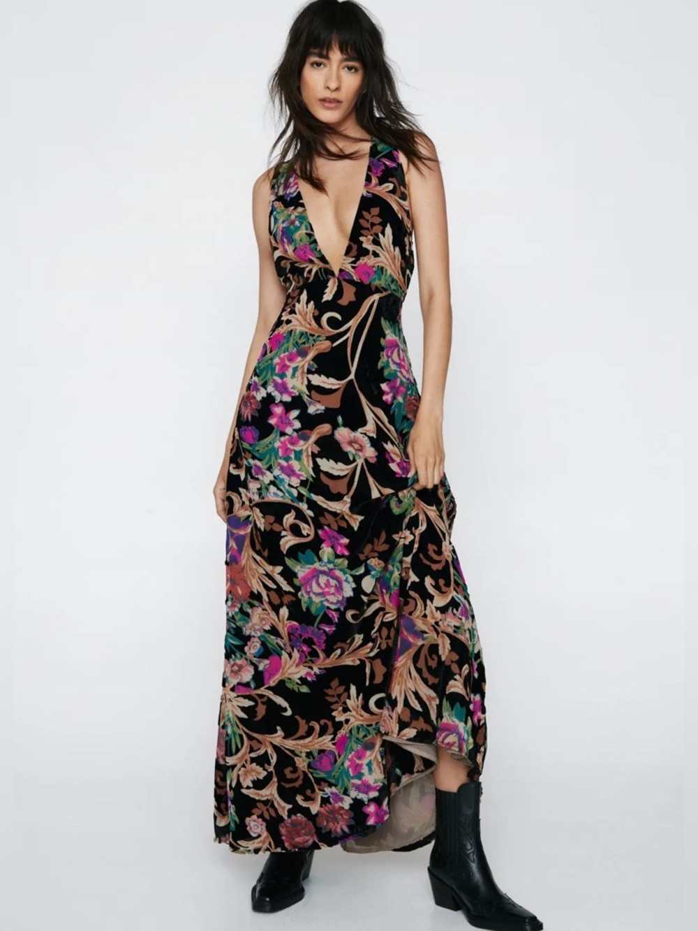 Floral Paisley Devore Velvet Front Plunge With Low Cross back Maxi Dress NWT